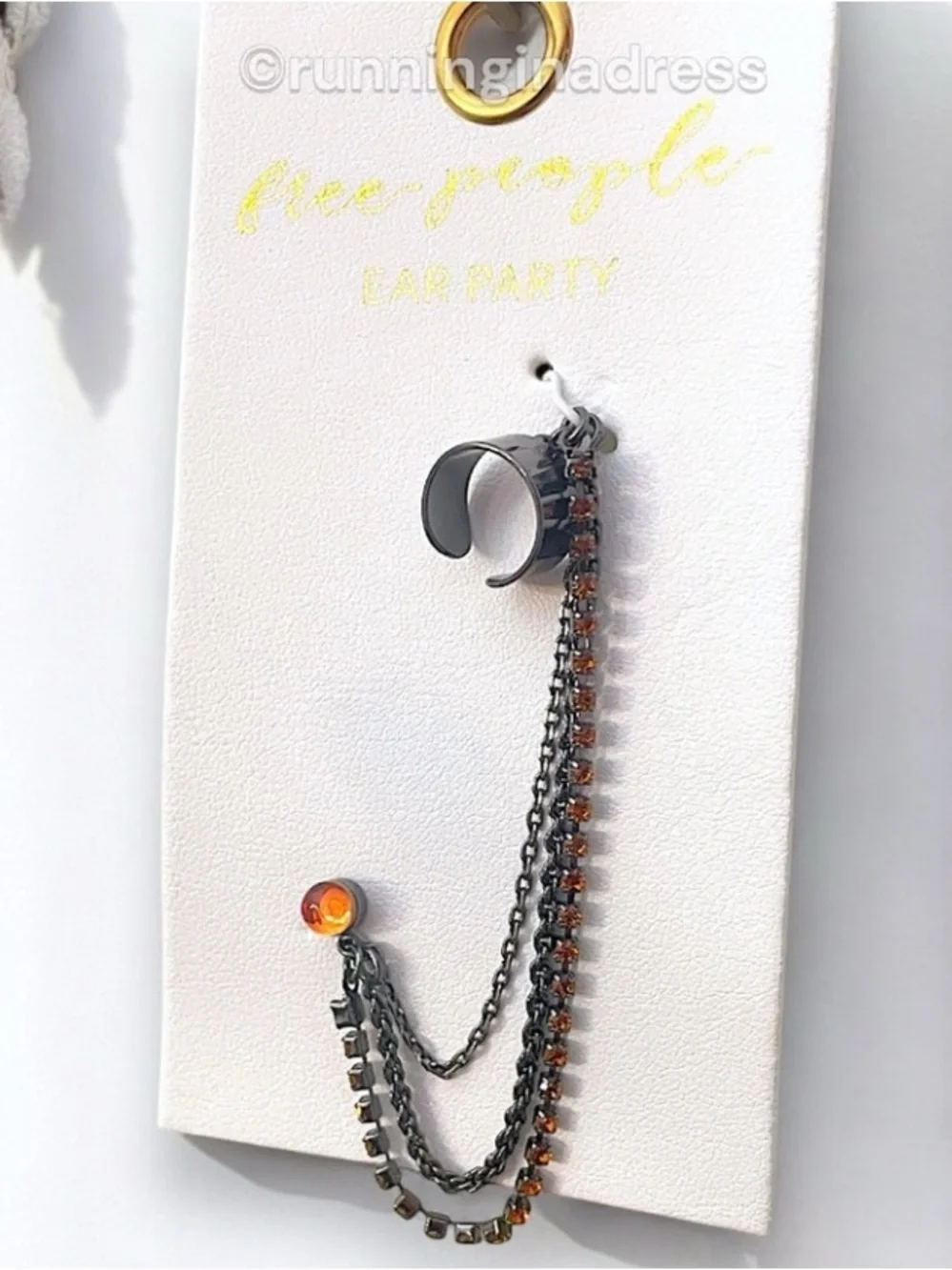 Free People Ear Party Chain Cuff Earring NWT Gunmetal Amber Orange Rhinestone